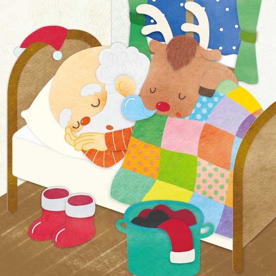 ベッドですやすやと眠るサンタクロースとトナカイ