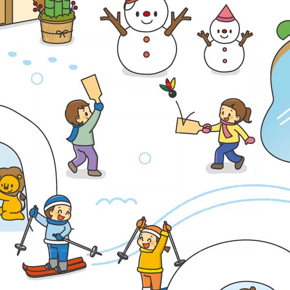 ミキハウス子育て総研刊行「Happy-Note 2026 新春特別号」特別付録のさがし絵。雪の町で羽子板や駒、かまくらなどの正月遊びを楽しむイラスト