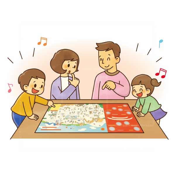 ミキハウス子育て総研刊行「Happy-Note 2026 新春特別号」特別付録のさがし絵の遊び方イラスト。 家族で楽しんでいる様子