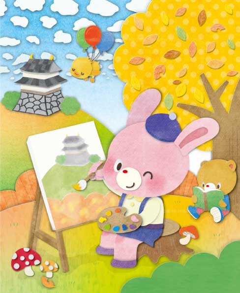 漢字パズル誌11月号の表紙イラスト。紅葉の秋を背景に、キャンバスに絵を描くうさぎと読書を楽しむクマを描いたイラスト