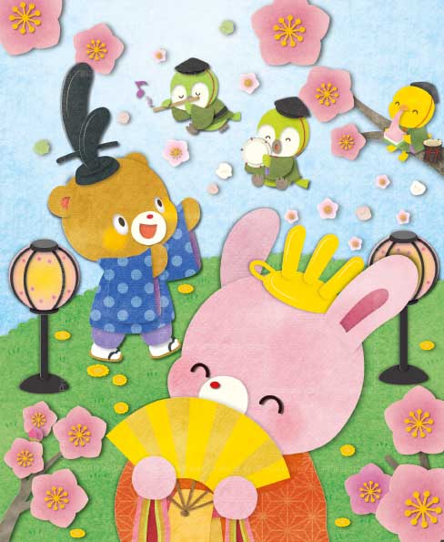 漢字パズル誌（厳選漢字120問）3月号の表紙イラスト。桃の花咲く広場で、ウサギのお雛様とクマのお内裏様、五人囃子姿のアヒルが描かれたひな祭りデザイン